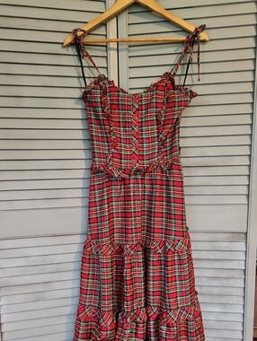 Vintage Candi Jones California Speghetti Strap Ruffle Plaid Dress Retro 70s 80s